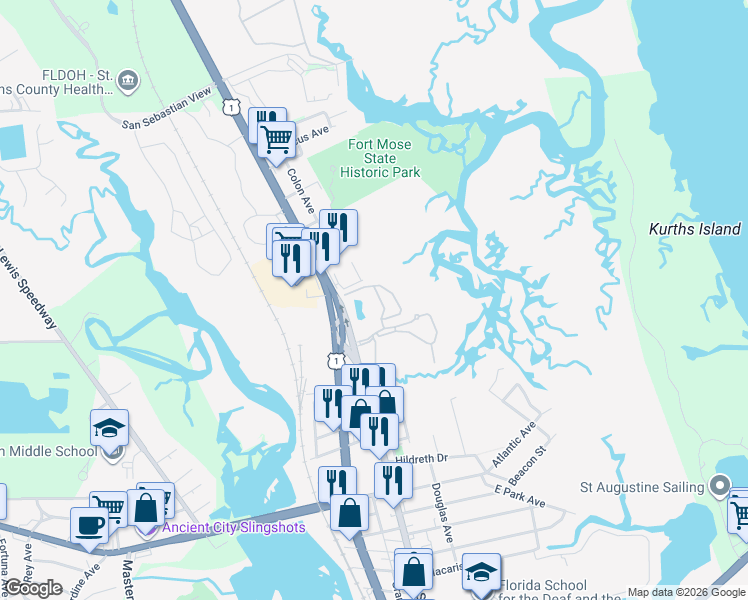 map of restaurants, bars, coffee shops, grocery stores, and more near 3015 Aqua Vista Lane in St. Augustine