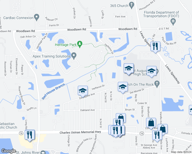 map of restaurants, bars, coffee shops, grocery stores, and more near 520 Cedar Arbor Court in St. Augustine