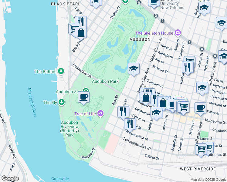 map of restaurants, bars, coffee shops, grocery stores, and more near 6500 Magazine Street in New Orleans