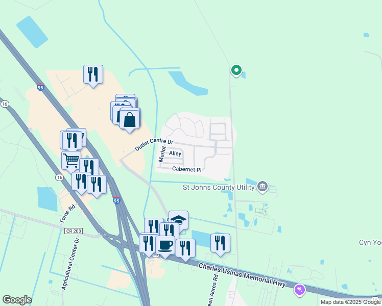 map of restaurants, bars, coffee shops, grocery stores, and more near 131 Crete Court in St. Augustine