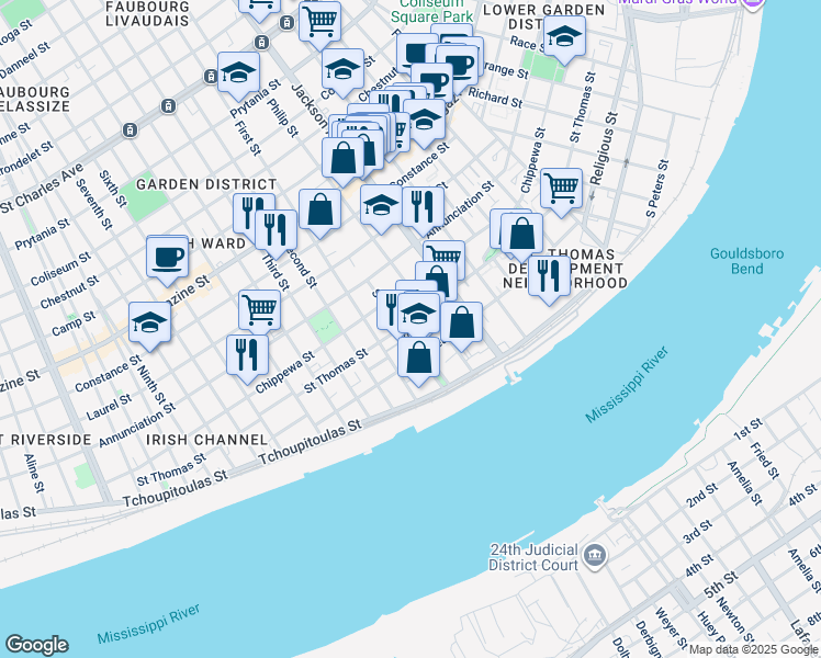 map of restaurants, bars, coffee shops, grocery stores, and more near 2317 Saint Thomas Street in New Orleans
