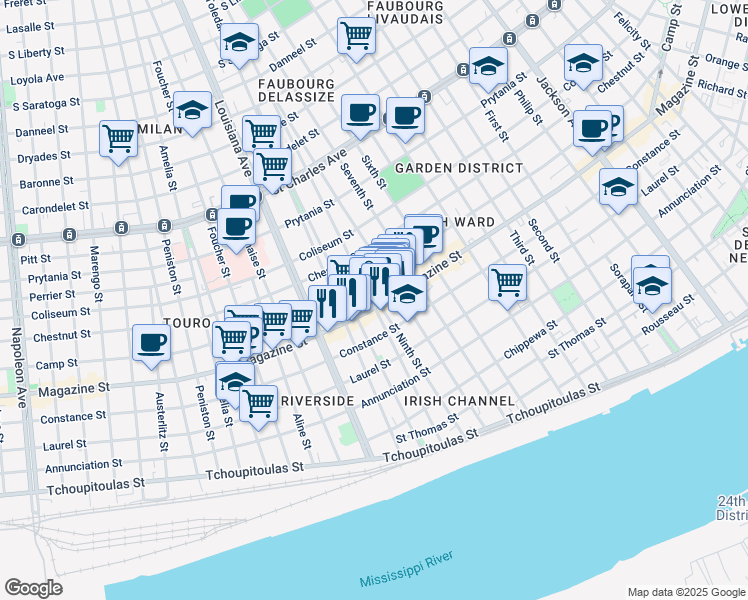 map of restaurants, bars, coffee shops, grocery stores, and more near 1200 Harmony Street in New Orleans