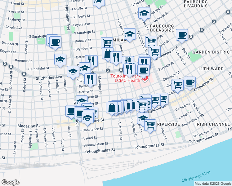map of restaurants, bars, coffee shops, grocery stores, and more near 1308 General Taylor in New Orleans