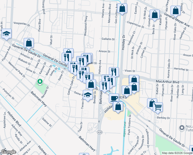 map of restaurants, bars, coffee shops, grocery stores, and more near 3730 Macarthur Boulevard in New Orleans