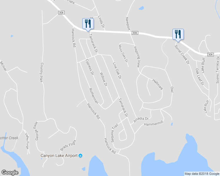map of restaurants, bars, coffee shops, grocery stores, and more near 1361 Willow Drive in Canyon Lake