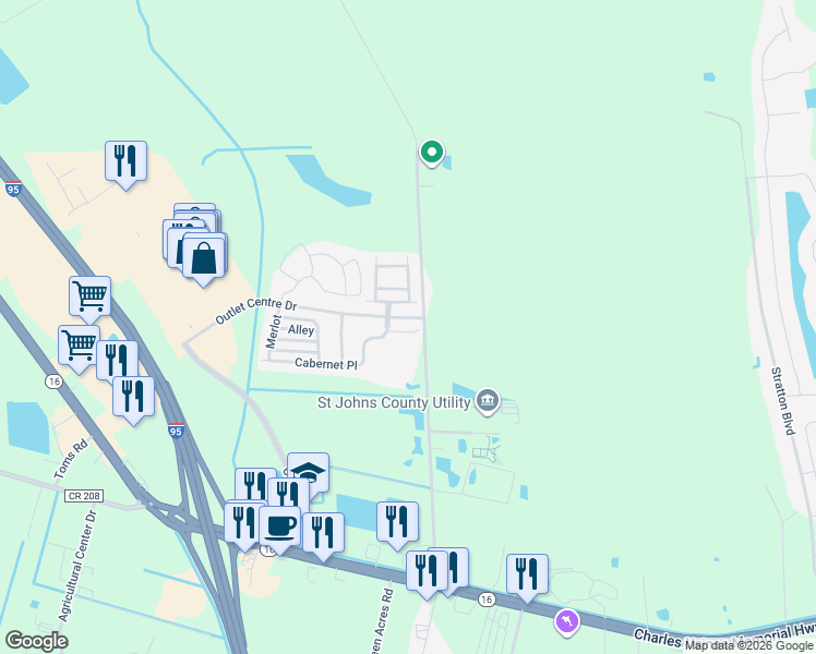 map of restaurants, bars, coffee shops, grocery stores, and more near 265 East Pisa Place in St. Augustine