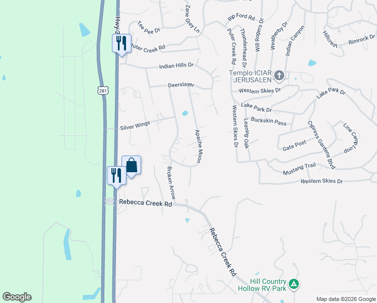 map of restaurants, bars, coffee shops, grocery stores, and more near 5034 Apache Moon in Spring Branch