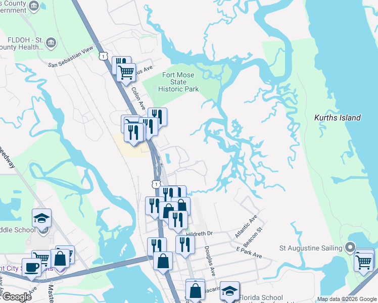 map of restaurants, bars, coffee shops, grocery stores, and more near 1035 Grande Vista Boulevard in St. Augustine