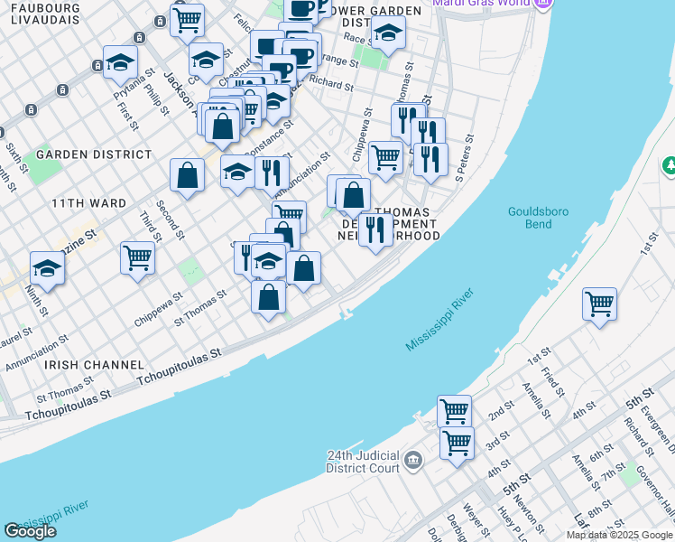 map of restaurants, bars, coffee shops, grocery stores, and more near 2117 Rousseau Street in New Orleans