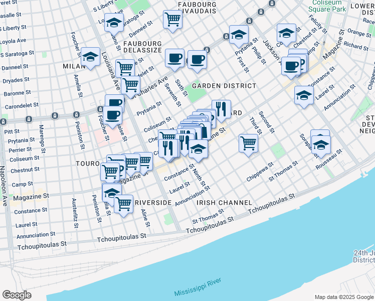 map of restaurants, bars, coffee shops, grocery stores, and more near 1117 Eighth Street in New Orleans