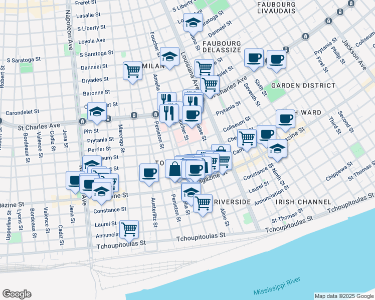 map of restaurants, bars, coffee shops, grocery stores, and more near 3601 Coliseum Street in New Orleans