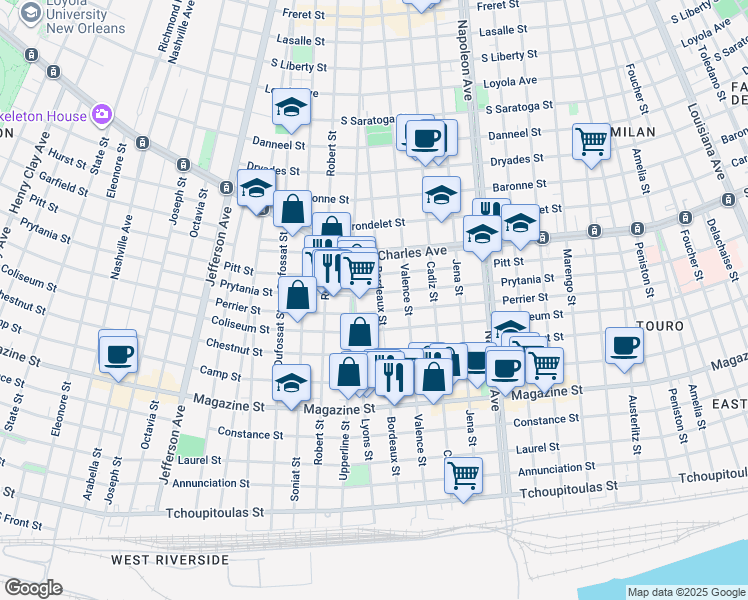 map of restaurants, bars, coffee shops, grocery stores, and more near 1419 Bordeaux Street in New Orleans