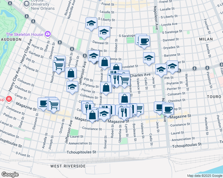 map of restaurants, bars, coffee shops, grocery stores, and more near 1415 Soniat Street in New Orleans