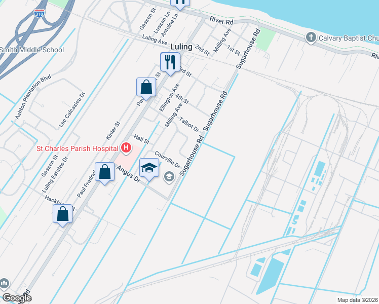 map of restaurants, bars, coffee shops, grocery stores, and more near 327 Post Drive in Luling