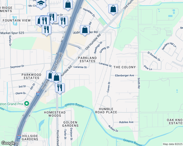 map of restaurants, bars, coffee shops, grocery stores, and more near 6230 Laramie Street in Humble