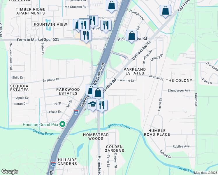 map of restaurants, bars, coffee shops, grocery stores, and more near 14214 U.S. 59 in Humble