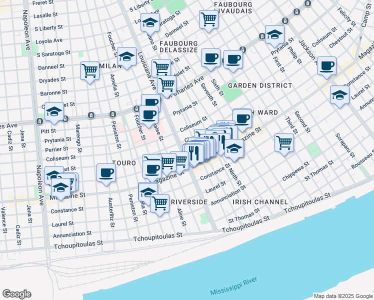 map of restaurants, bars, coffee shops, grocery stores, and more near 1215 Louisiana Avenue in New Orleans