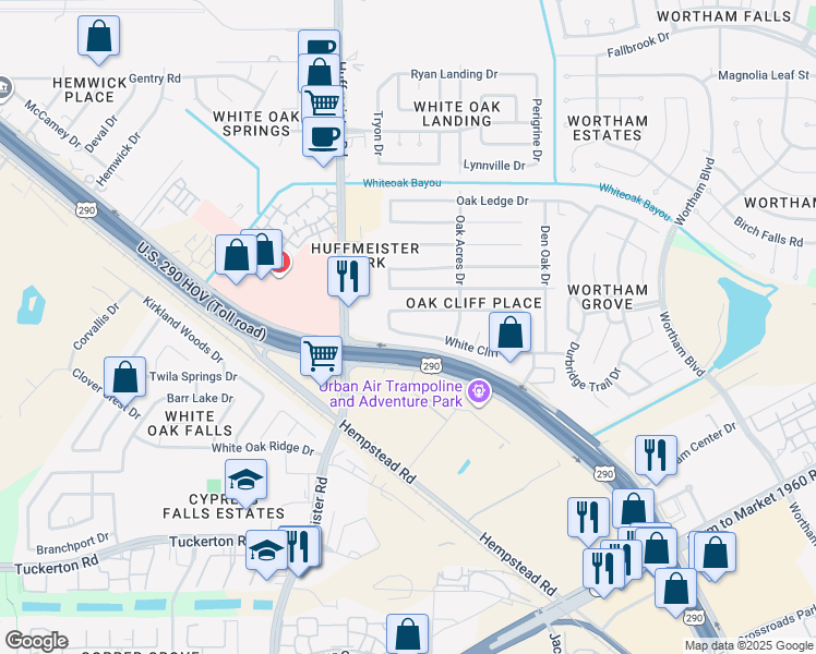 map of restaurants, bars, coffee shops, grocery stores, and more near 13618 Pecan Oak Drive in Houston