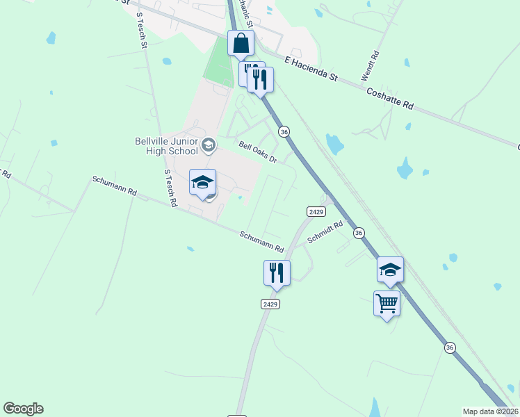 map of restaurants, bars, coffee shops, grocery stores, and more near 1305 South Tesch Street in Bellville