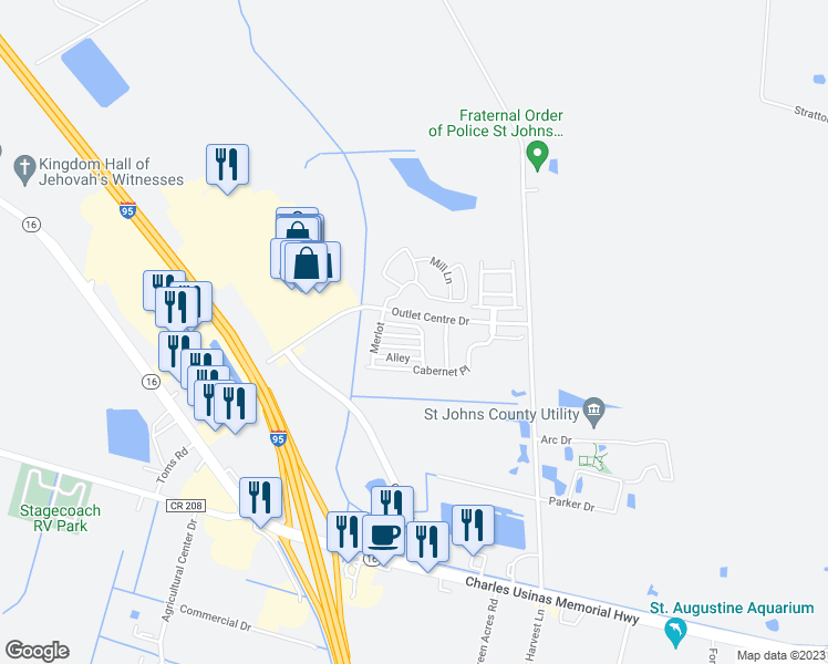 map of restaurants, bars, coffee shops, grocery stores, and more near 253 Syrah Way in St. Augustine