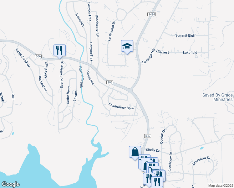 map of restaurants, bars, coffee shops, grocery stores, and more near 354 Canyon Circle Drive in Canyon Lake
