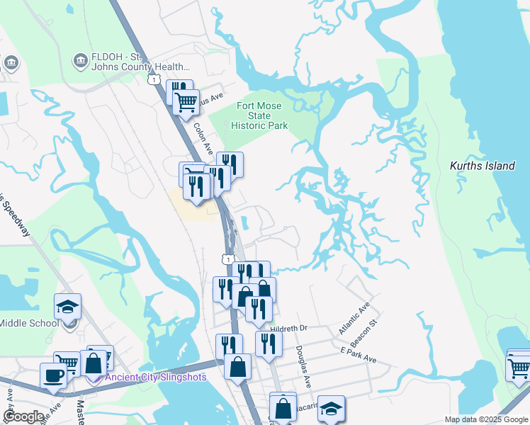 map of restaurants, bars, coffee shops, grocery stores, and more near 1035 Grande Vista Boulevard in St. Augustine