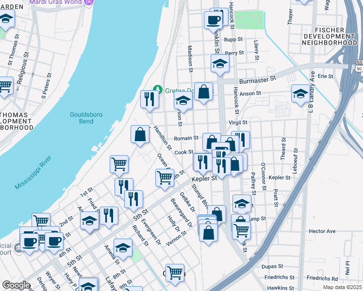 map of restaurants, bars, coffee shops, grocery stores, and more near 418 Romain Street in Gretna