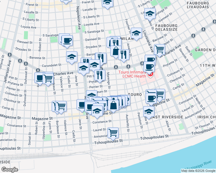 map of restaurants, bars, coffee shops, grocery stores, and more near 1224 Marengo Street in New Orleans