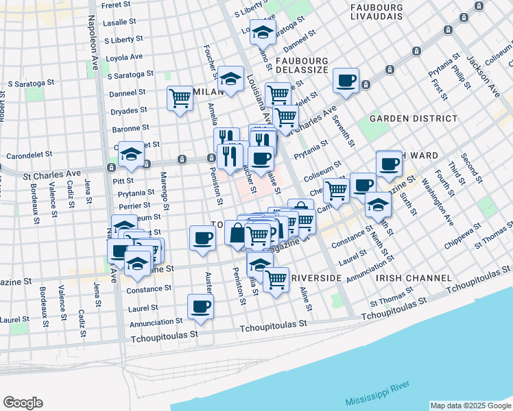 map of restaurants, bars, coffee shops, grocery stores, and more near 1320 Foucher Street in New Orleans