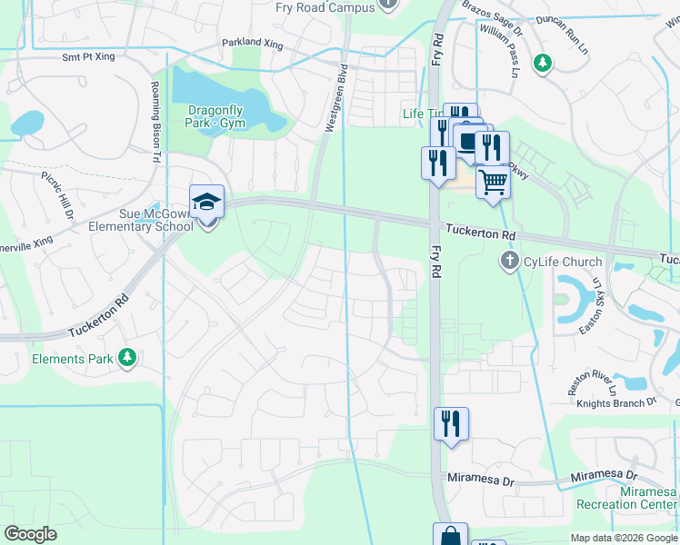 map of restaurants, bars, coffee shops, grocery stores, and more near 9814 Fry Road in Cypress
