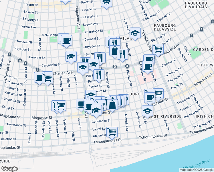 map of restaurants, bars, coffee shops, grocery stores, and more near 1224 Marengo Street in New Orleans