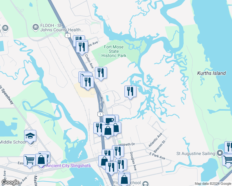 map of restaurants, bars, coffee shops, grocery stores, and more near 1035 Grande Vista Boulevard in St. Augustine