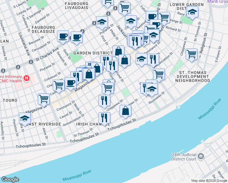 map of restaurants, bars, coffee shops, grocery stores, and more near 824 Third Street in New Orleans