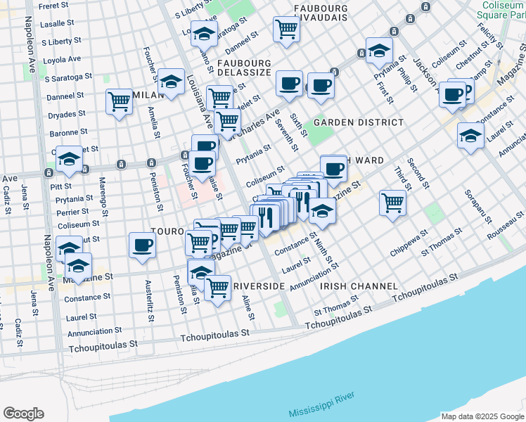 map of restaurants, bars, coffee shops, grocery stores, and more near 1228 Toledano Street in New Orleans