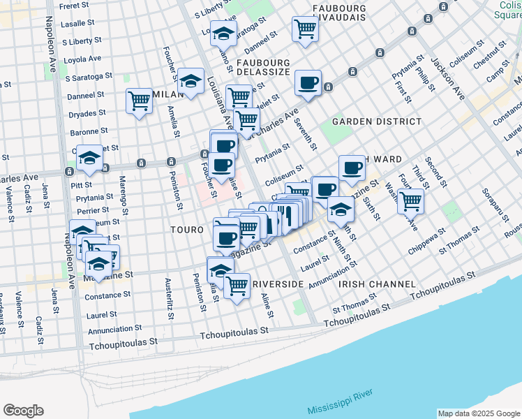map of restaurants, bars, coffee shops, grocery stores, and more near 1304 Louisiana Avenue in New Orleans