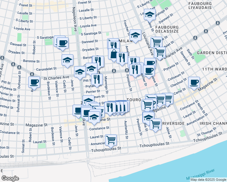 map of restaurants, bars, coffee shops, grocery stores, and more near 1312 Constantinople Street in New Orleans
