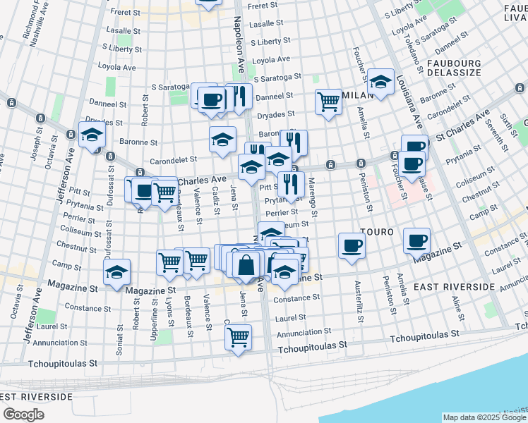 map of restaurants, bars, coffee shops, grocery stores, and more near 1314 Napoleon Avenue in New Orleans