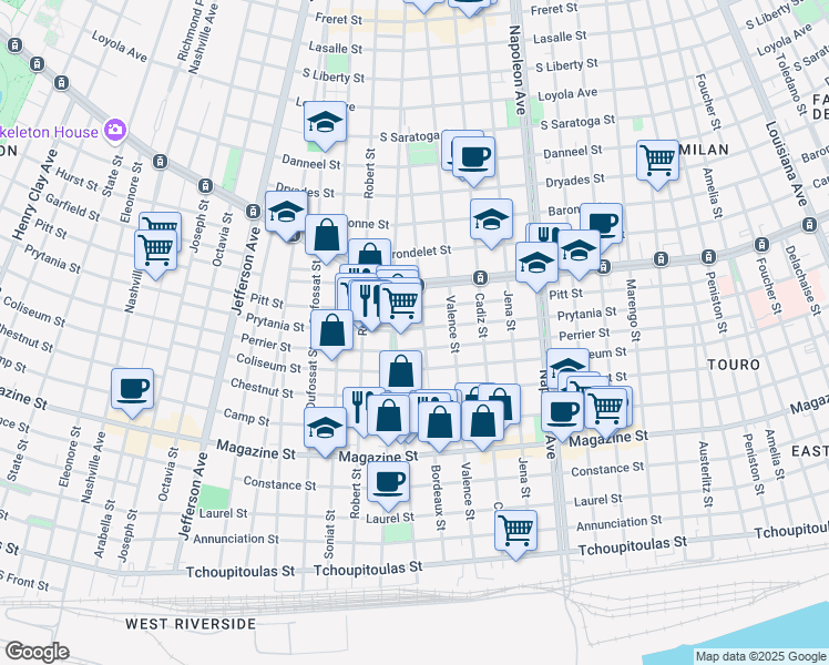 map of restaurants, bars, coffee shops, grocery stores, and more near 1419 Bordeaux Street in New Orleans