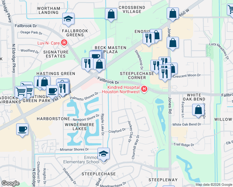 map of restaurants, bars, coffee shops, grocery stores, and more near 10422 Springland Court in Houston
