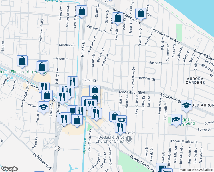 map of restaurants, bars, coffee shops, grocery stores, and more near 4401 Vixen Street in New Orleans