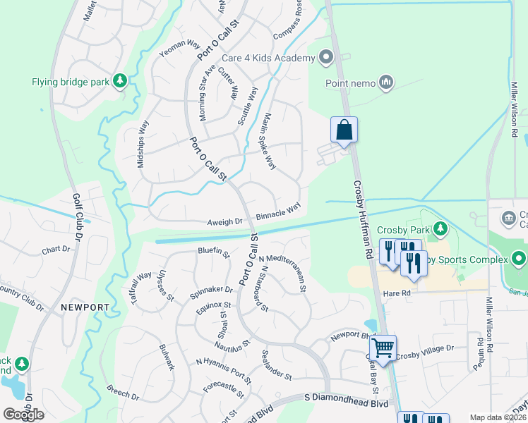 map of restaurants, bars, coffee shops, grocery stores, and more near 407 Ahoy Court in Crosby