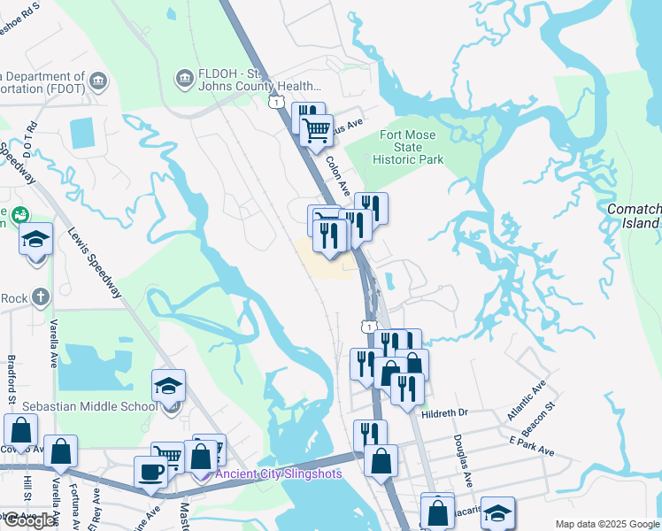 map of restaurants, bars, coffee shops, grocery stores, and more near 3501 North Ponce De Leon Boulevard in St. Augustine