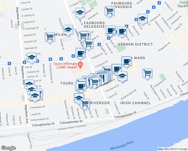 map of restaurants, bars, coffee shops, grocery stores, and more near 1234 Louisiana Avenue in New Orleans