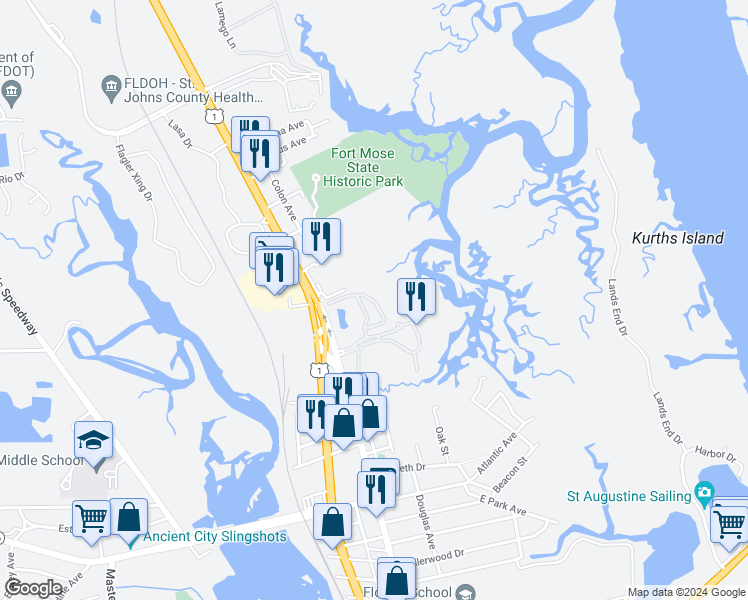 map of restaurants, bars, coffee shops, grocery stores, and more near 1035 Grande Vista Boulevard in St. Augustine