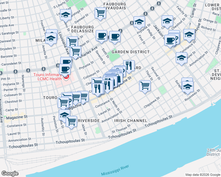 map of restaurants, bars, coffee shops, grocery stores, and more near 1117 Eighth Street in New Orleans