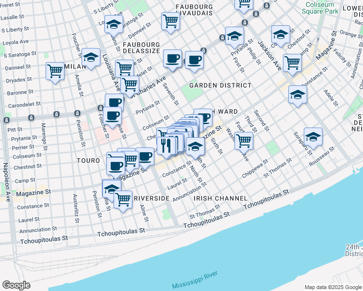 map of restaurants, bars, coffee shops, grocery stores, and more near 1200 Harmony Street in New Orleans