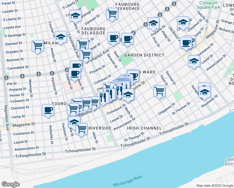 map of restaurants, bars, coffee shops, grocery stores, and more near 1200 Harmony Street in New Orleans