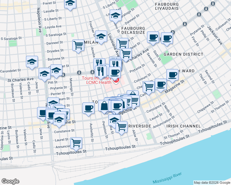 map of restaurants, bars, coffee shops, grocery stores, and more near 3601 Coliseum Street in New Orleans