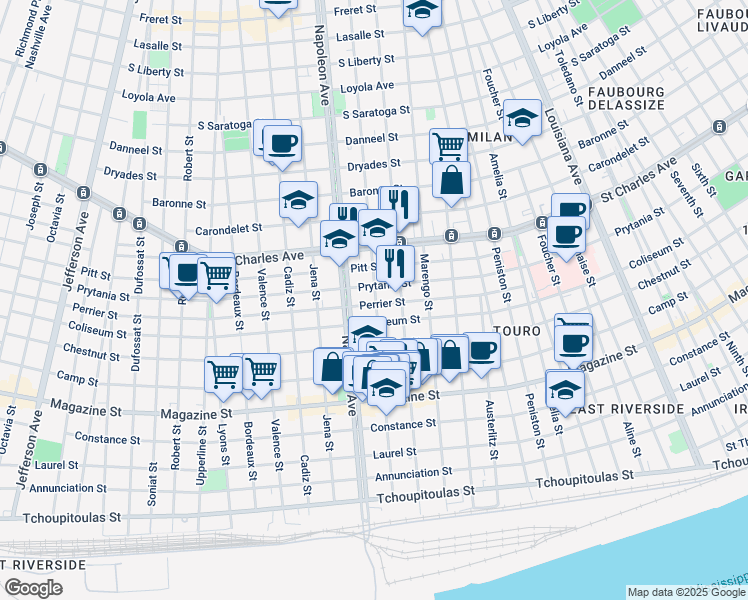 map of restaurants, bars, coffee shops, grocery stores, and more near 1321 General Pershing Street in New Orleans