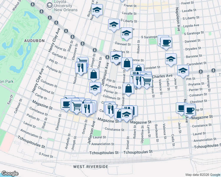 map of restaurants, bars, coffee shops, grocery stores, and more near 5321 Prytania Street in New Orleans